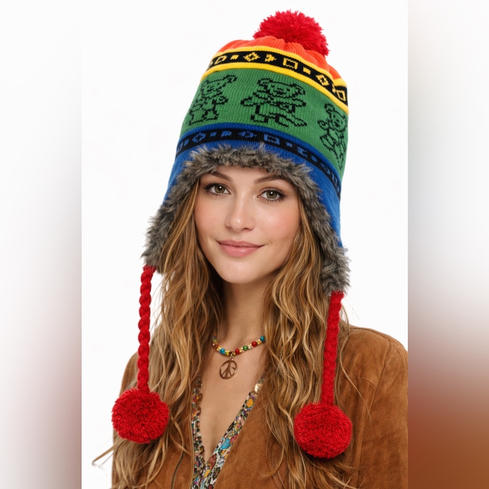 NWT Grateful Dead Dancing Bears Peruvian Trapper Hat Faux Fur Earflaps